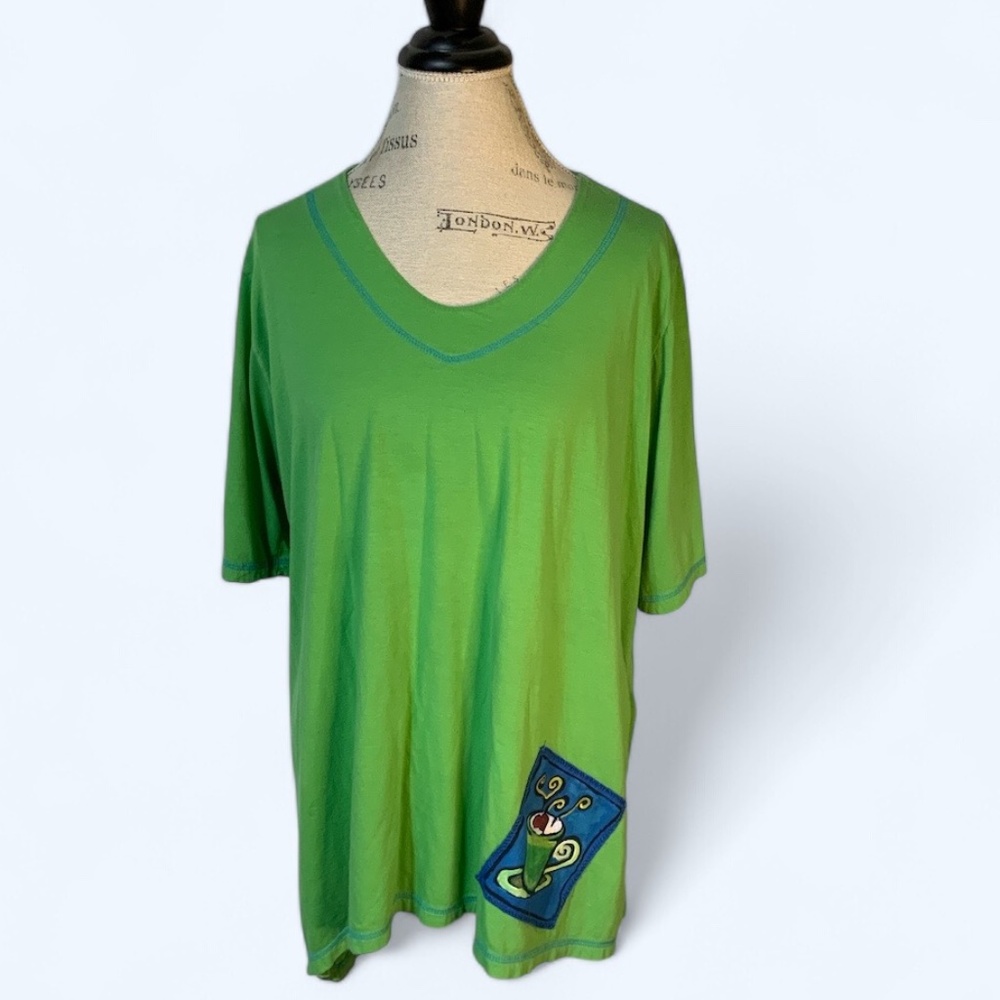 Green V-Neck Tunic with Artistic Patch